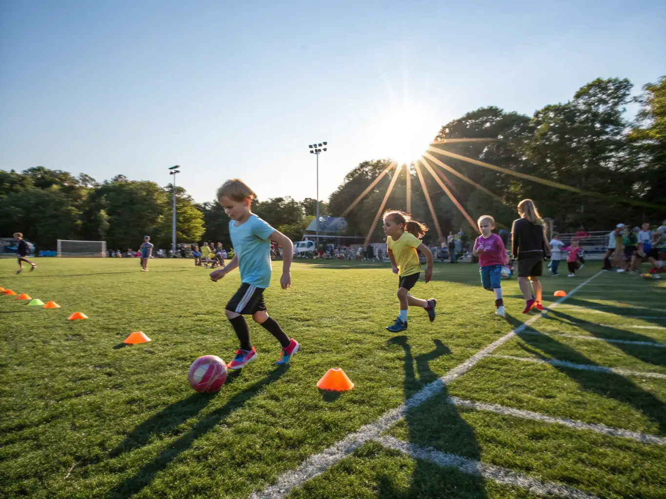 A vibrant image of young children participating in a football training session, showcasing teamwork and active engagement under the guidance of a coach at UNION SPORTIVE VALLEE DE L'AILETTE.